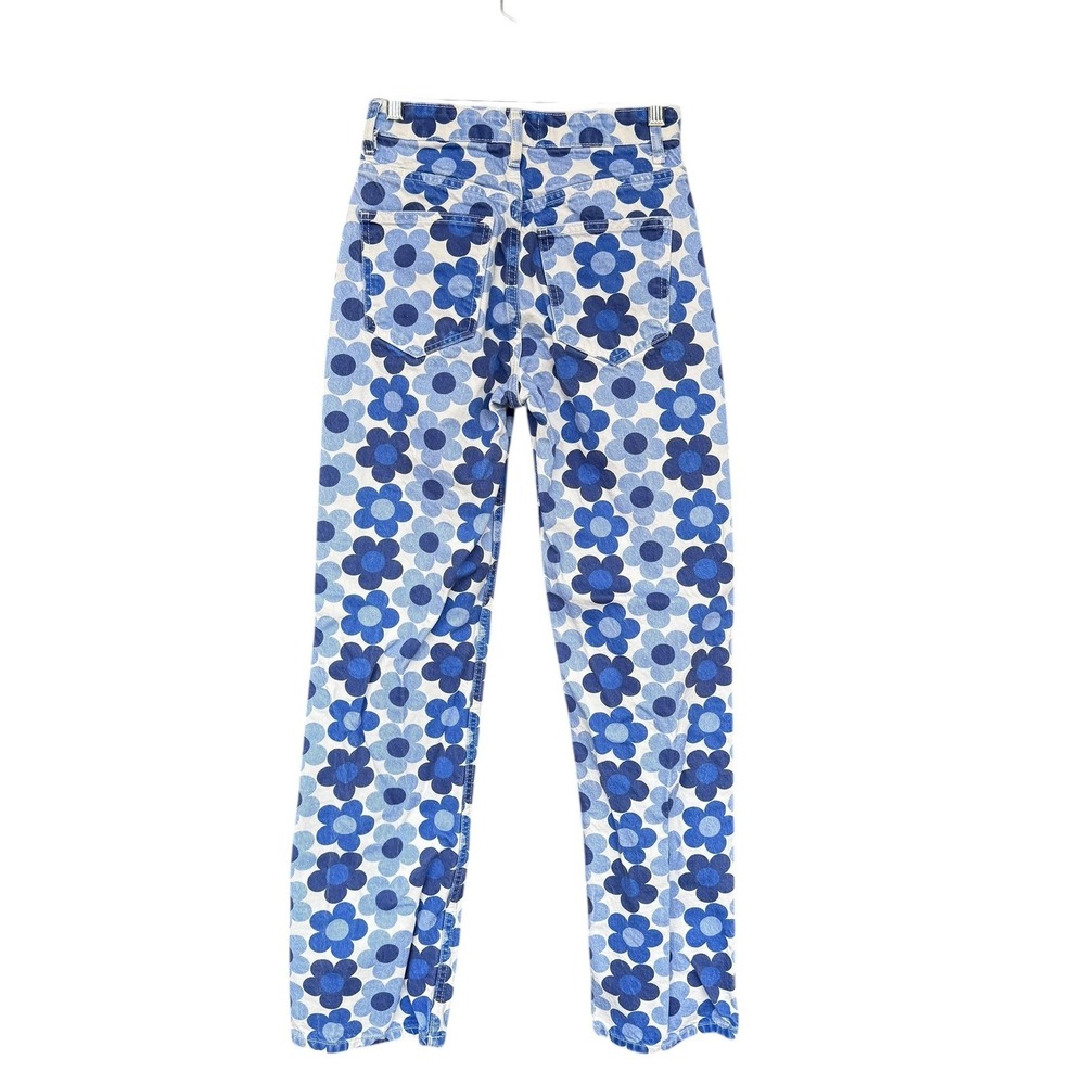 Zara Jeans Womens 2 Blue Straight Daisy Floral Print Denim Pants Hippie Cottage